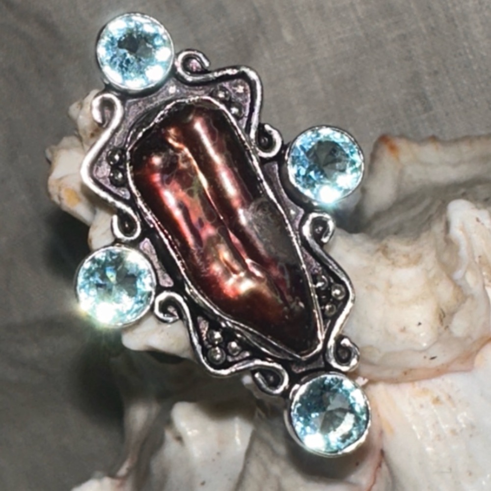 Exotic Biwa Pearl + Blue Quartz multi gem handcrafted Renaissance ring